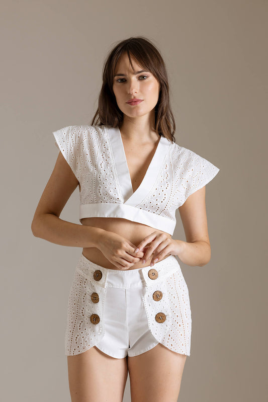 Crop Top in Pizzo Sangallo con Maniche Kimono | Məis Milano