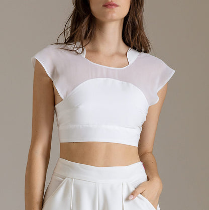 Crop Top in Popeline con Maniche Kimono in Chiffon | Məis Milano