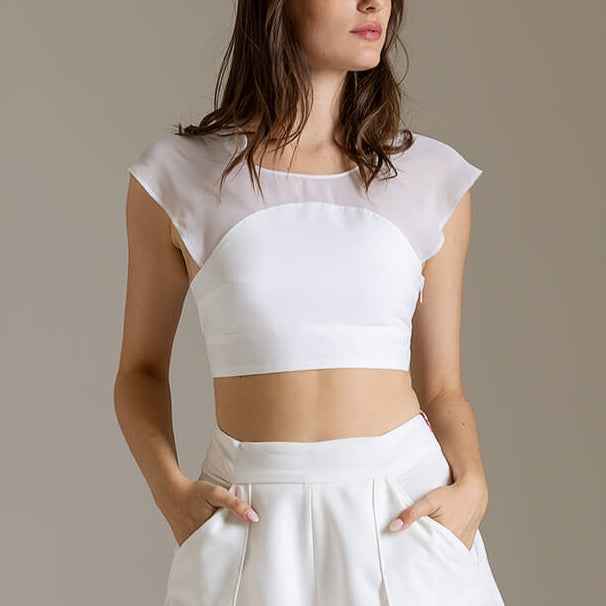 Crop Top in Popeline con Maniche Kimono in Chiffon | Məis Milano
