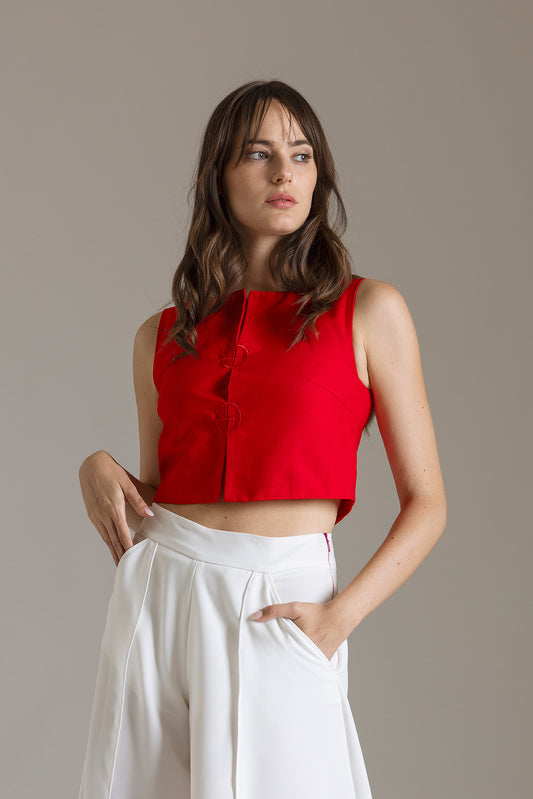 Red sleeveless top with logo