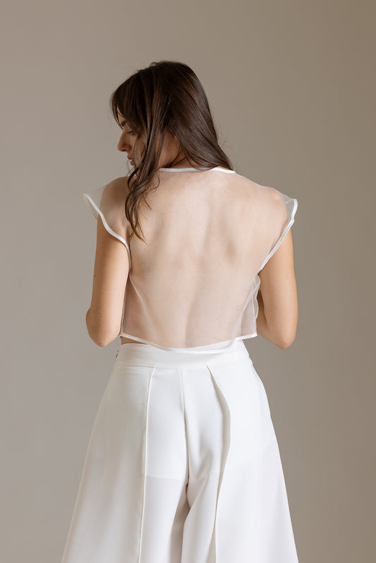 Poplin and organza top with sheer back