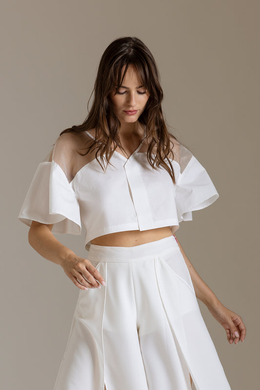 Poplin and organza top with sleeves