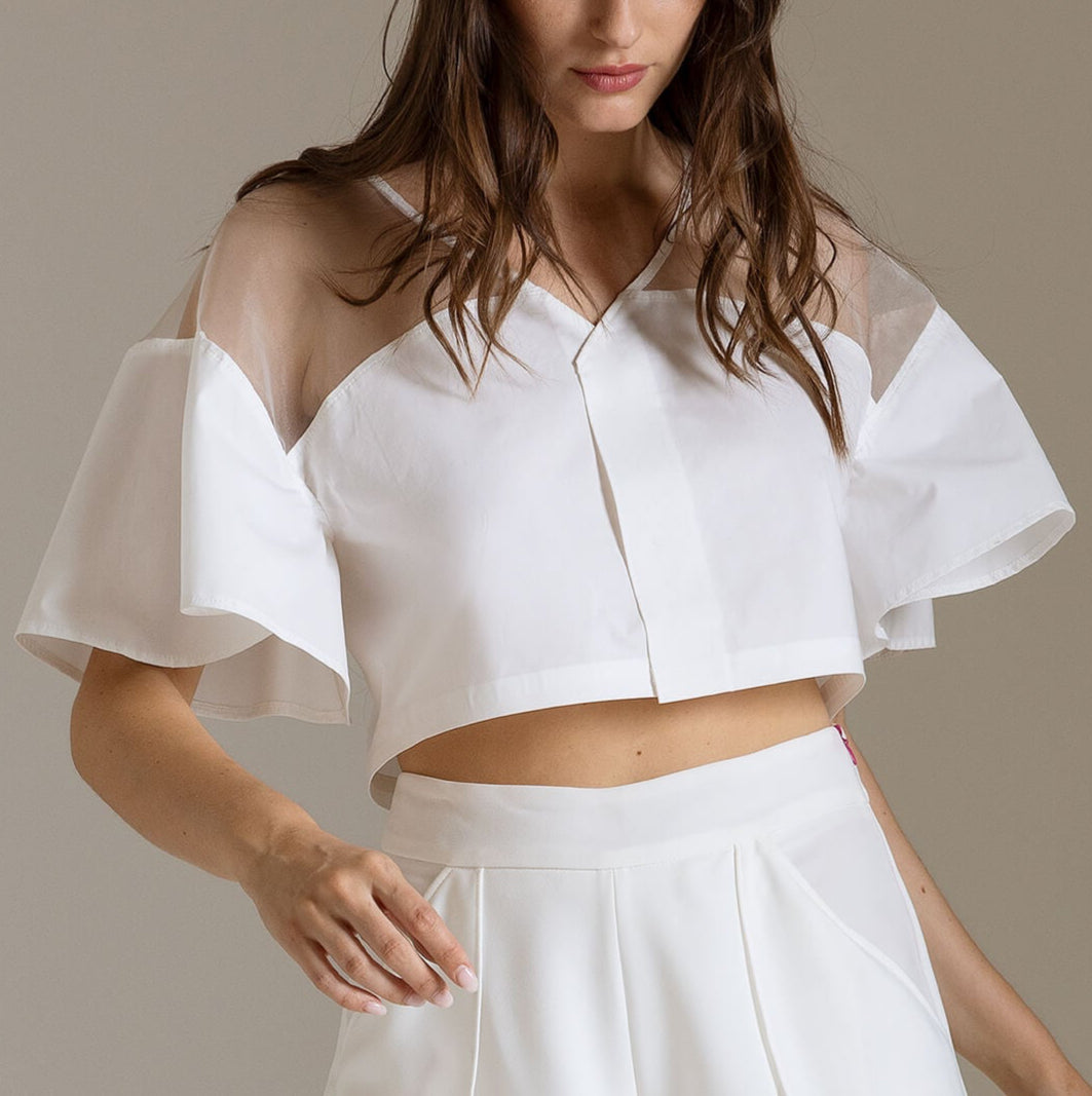 Top Corto in Popeline e Organza con Maniche Kimono | Məis Milano