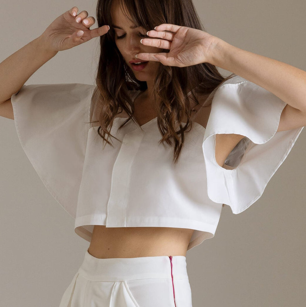 Top Corto in Popeline e Organza con Maniche Kimono | Məis Milano