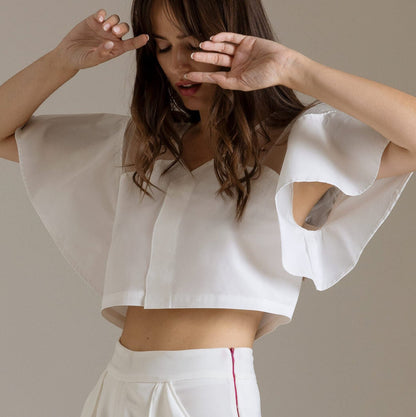 Top Corto in Popeline e Organza con Maniche Kimono | Məis Milano