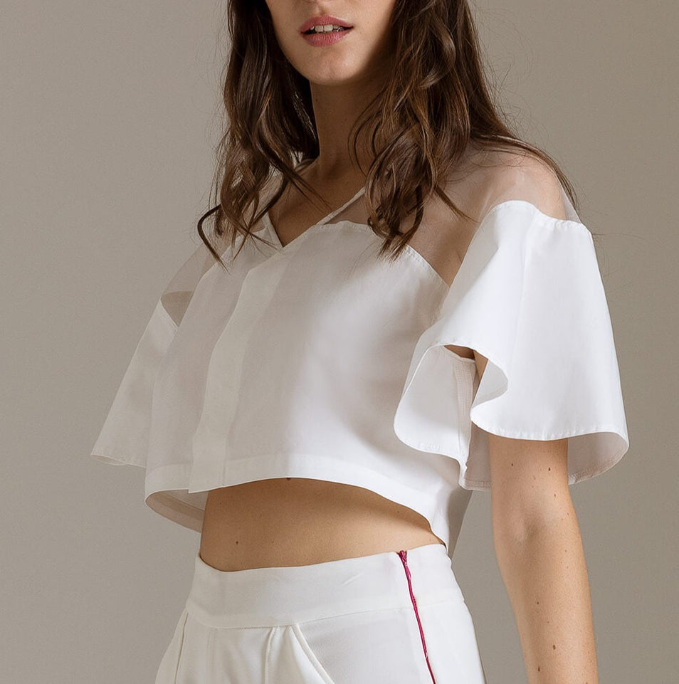 Top Corto in Popeline e Organza con Maniche Kimono | Məis Milano